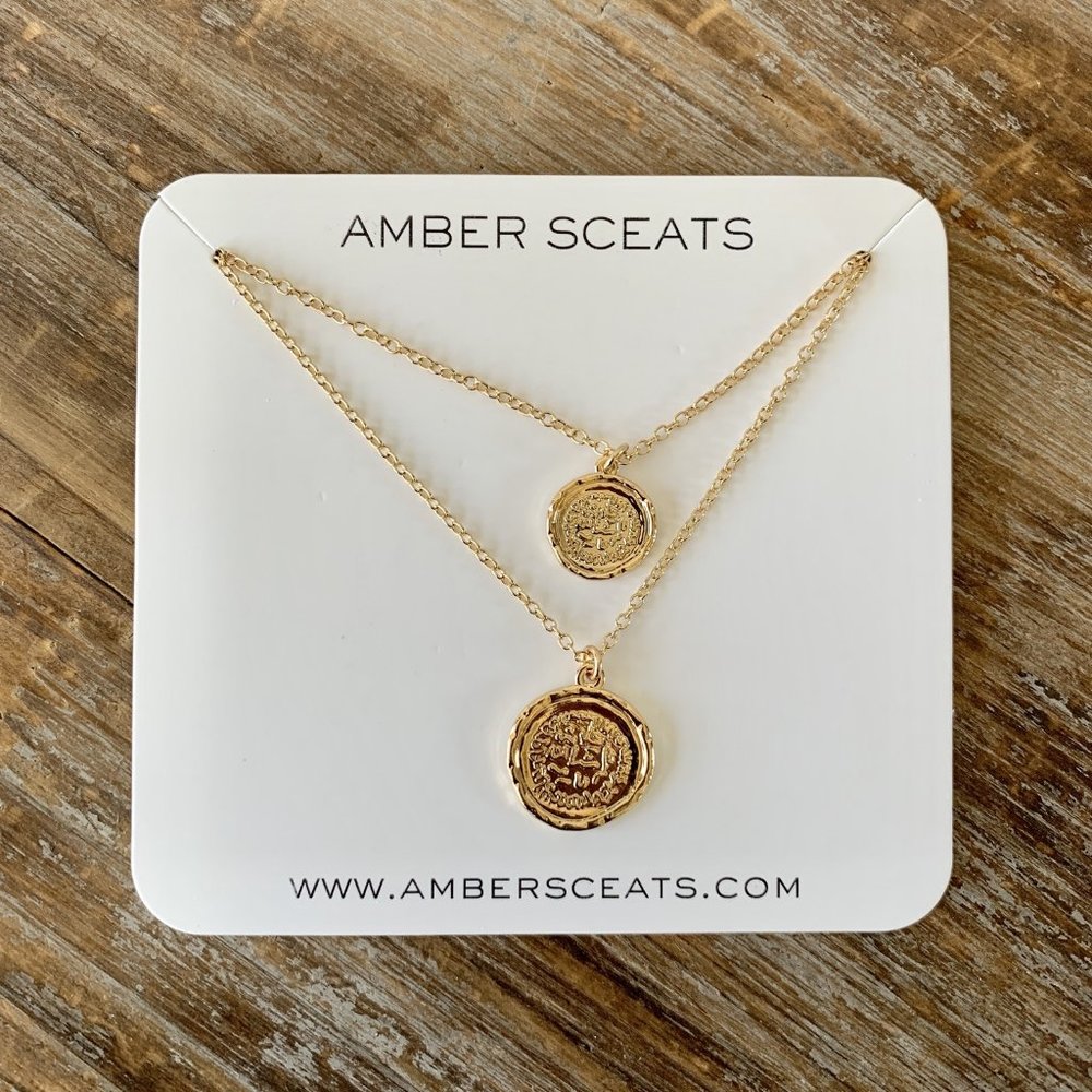 NEW AMBER SCEATS Double Coin Necklace AmberSceats Gorgeous Gold Jewelry NIP